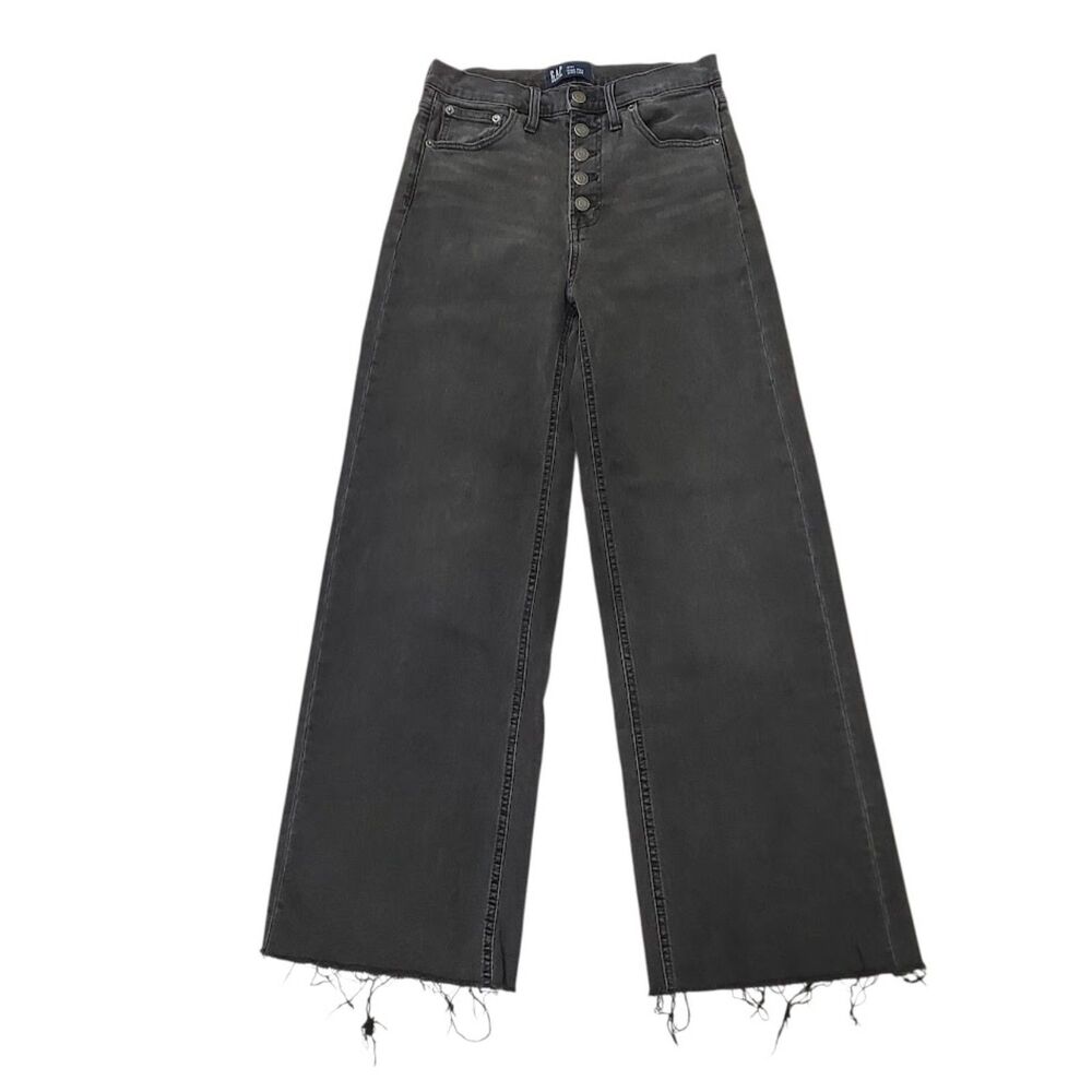 Gap High Rise Wide Leg Jeans Womens 27x29 Faded Black Button Fly Raw Hem Y2K